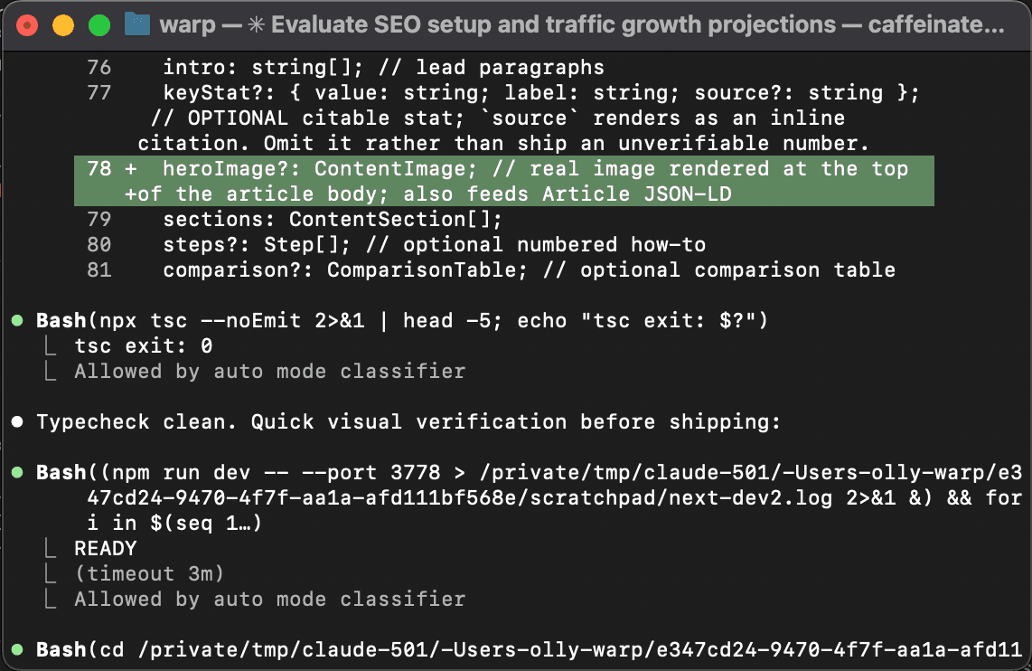 a Claude Code session running shell commands, where each Bash command shows an approval annotation before it executes, the permission boundary in action