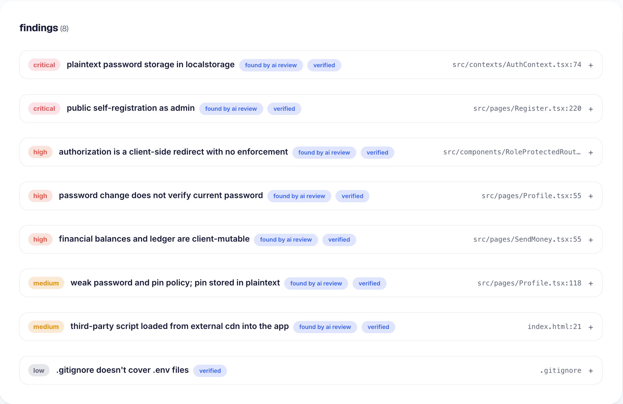 a real quality·vibes findings list from a scanned payments app: two critical issues (plaintext password storage, public self-registration as admin), three high (client-side-only authorization, password change without verification, client-mutable financial ledger), each with its file and line