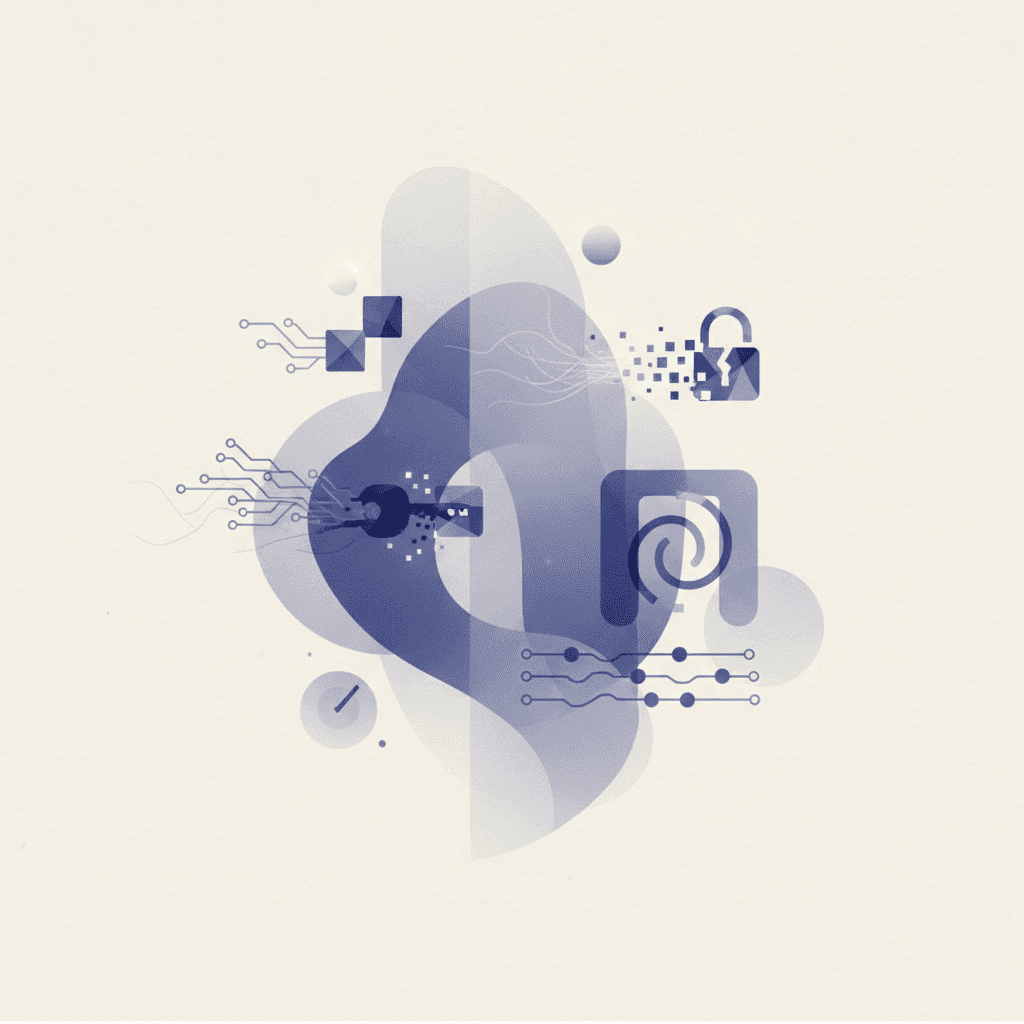 Abstract illustration in muted quality·vibes blues: a code file with a cracked shield, a key, and a database, layered over soft paper shapes